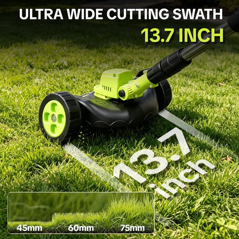 The trimmer head cutting a 13.7 inch wide swath through thick green lawn