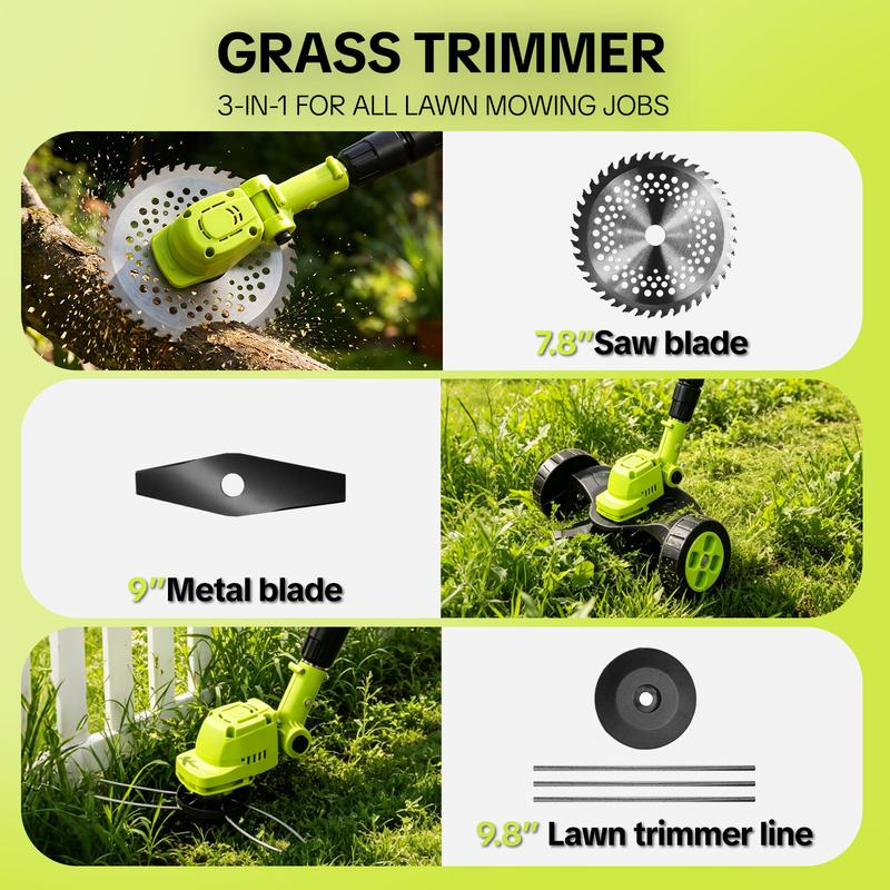 The three cutting attachments included — 7.8 inch saw blade, 9 inch metal blade, and 9.8 inch lawn trimmer line