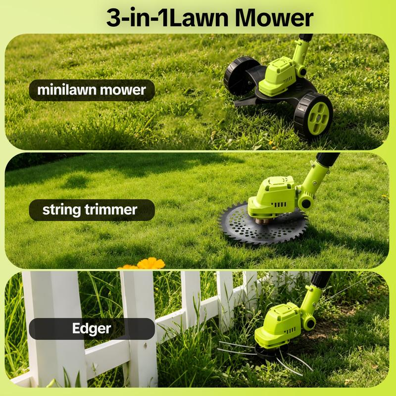 The same tool in three configurations &mdash; mini lawn mower, string trimmer, and edger along a picket fence