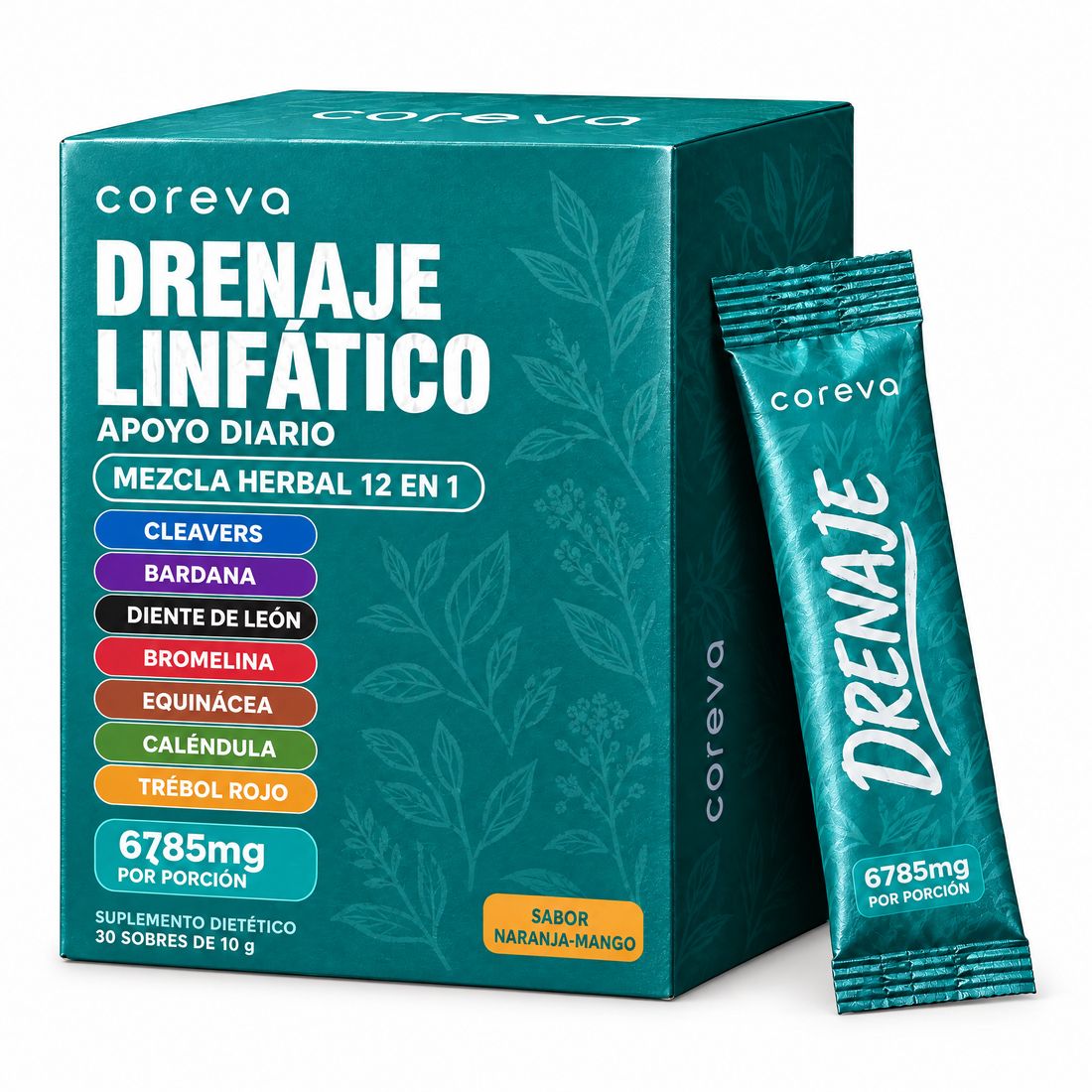 Caja de coreva Drenaje Linfático 12-en-1 con un sobre líquido