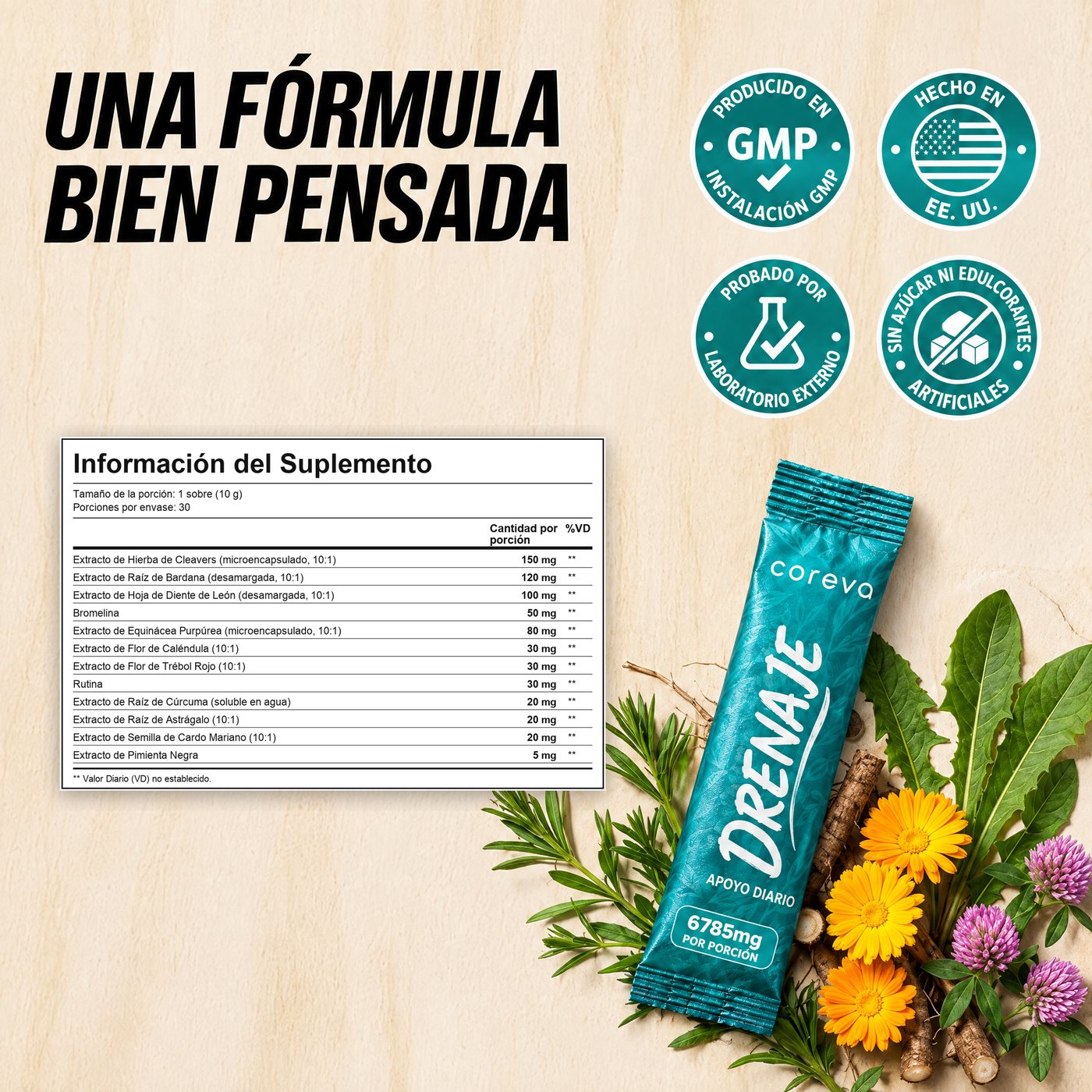 Información del suplemento y sellos de calidad
