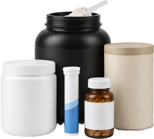Five separate supplement tubs