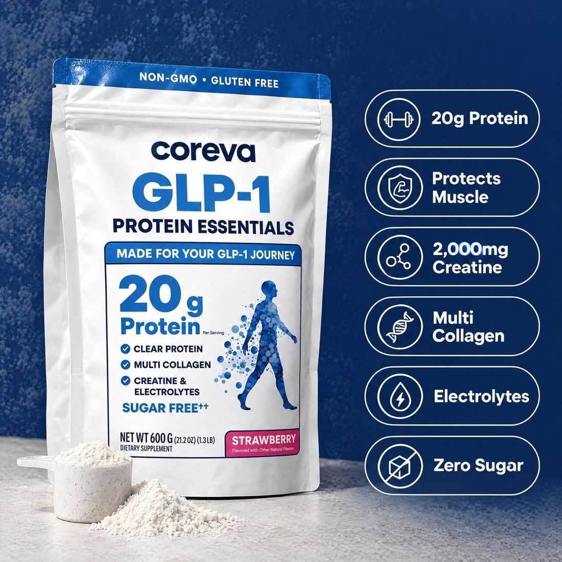 20g protein, 2,000mg creatine, multi collagen, electrolytes, zero sugar