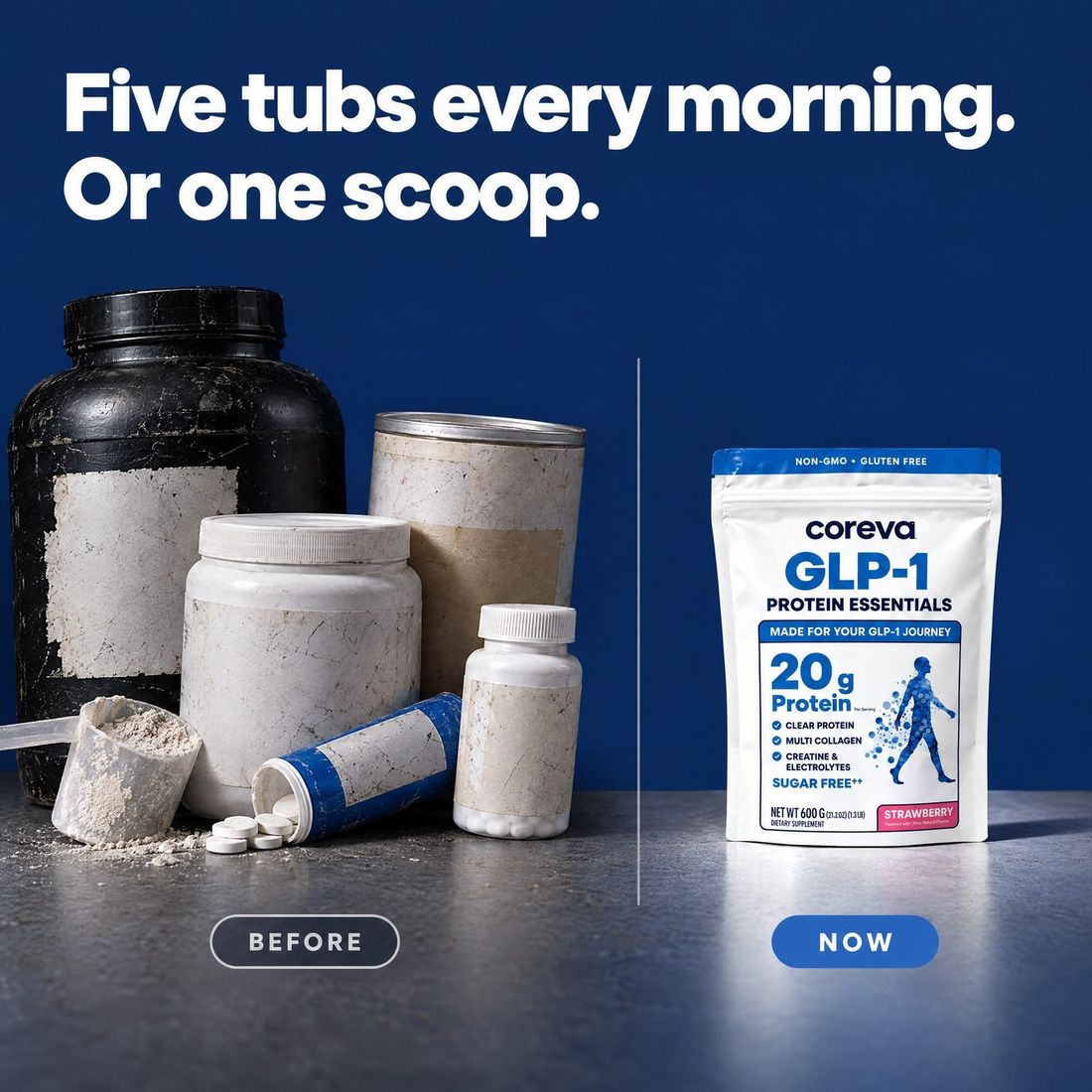 Five supplement tubs replaced by one Coreva pouch