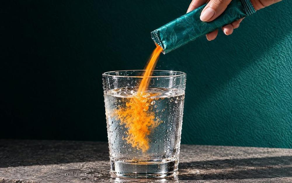 Un sobre de coreva vertiéndose en un vaso